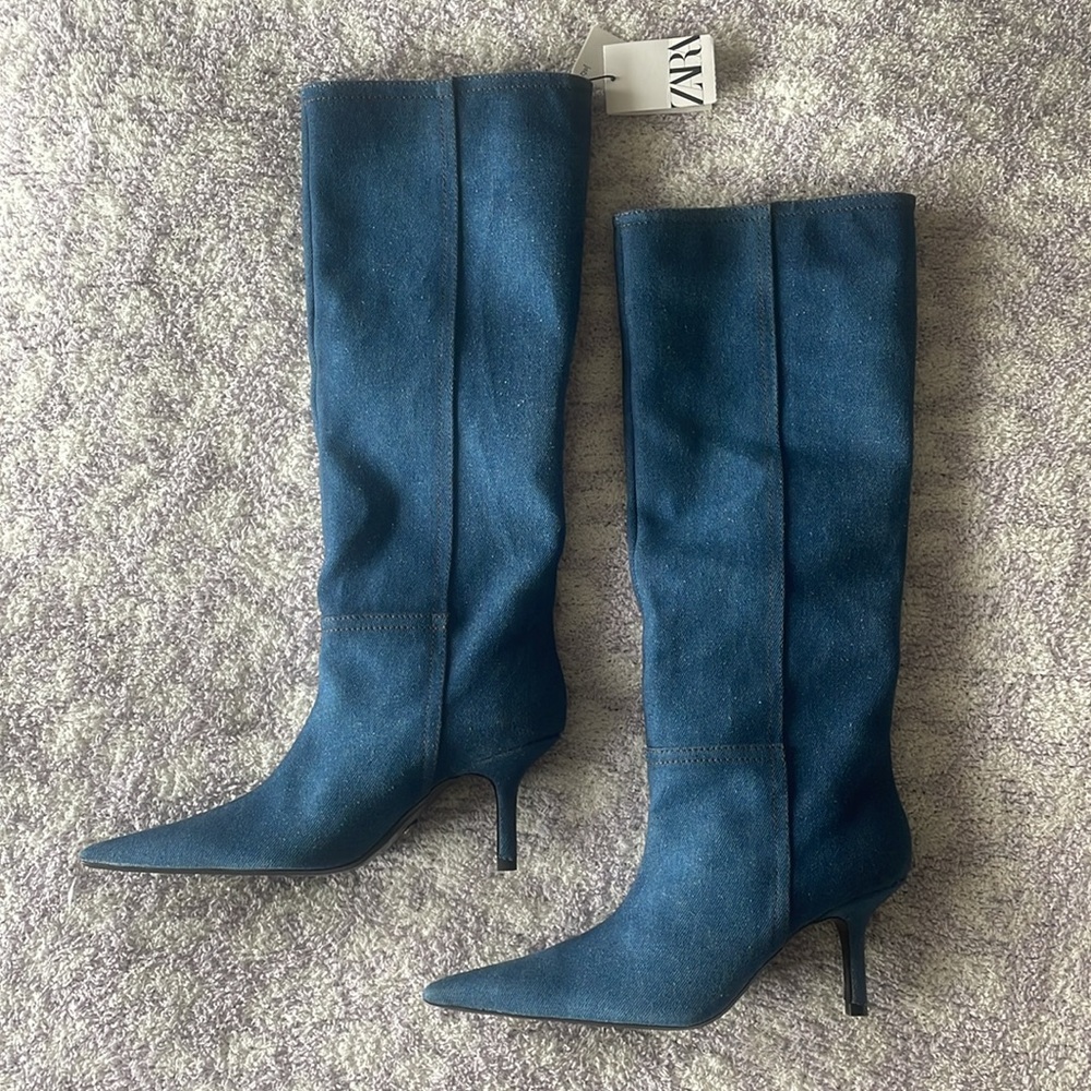 NWT Zara Denim Knee-High Boots Sz 9 - Picture 6 of 16